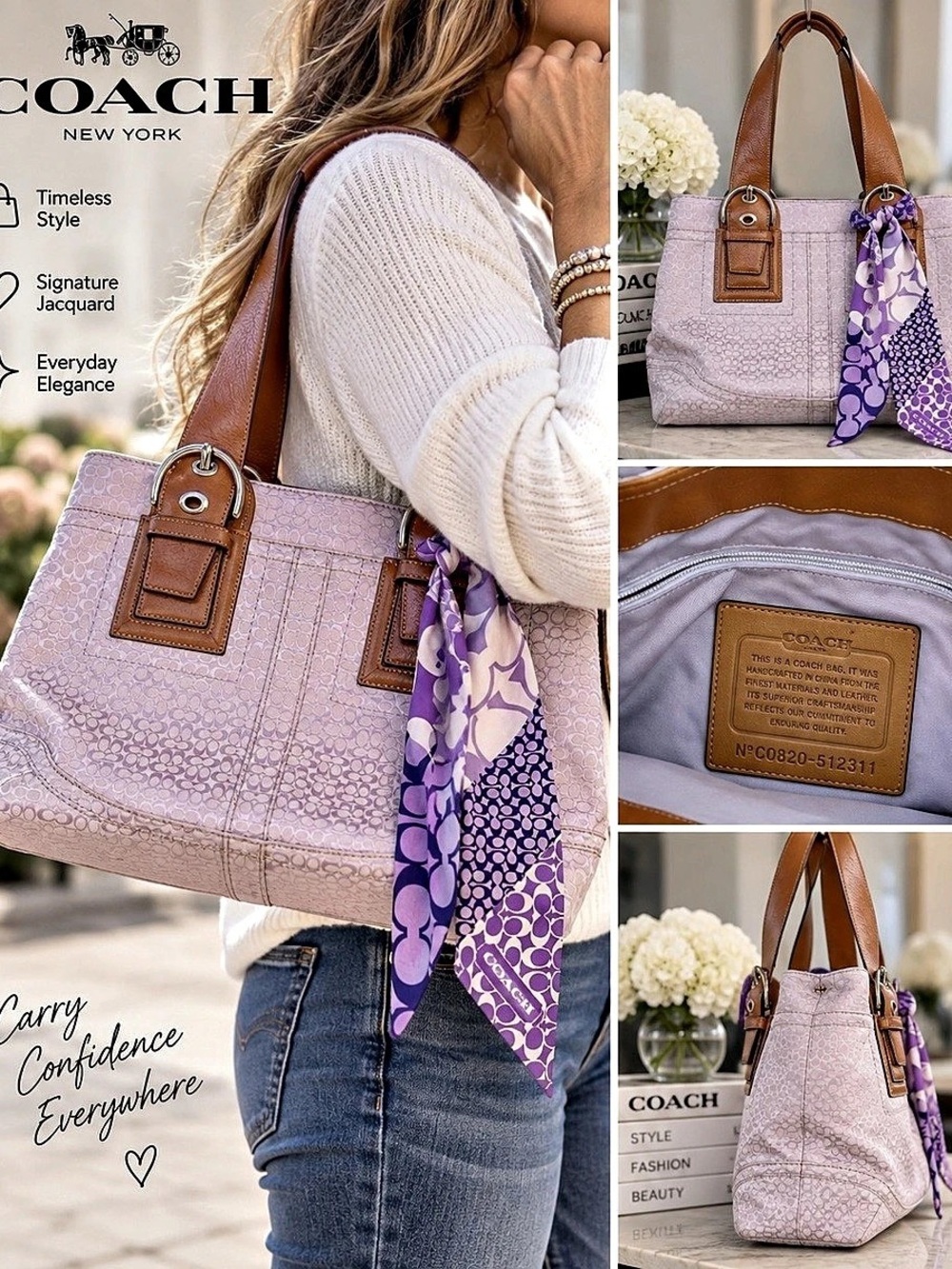 Coach Hamptons Signature Medium Carryall Tote Pink & Brown